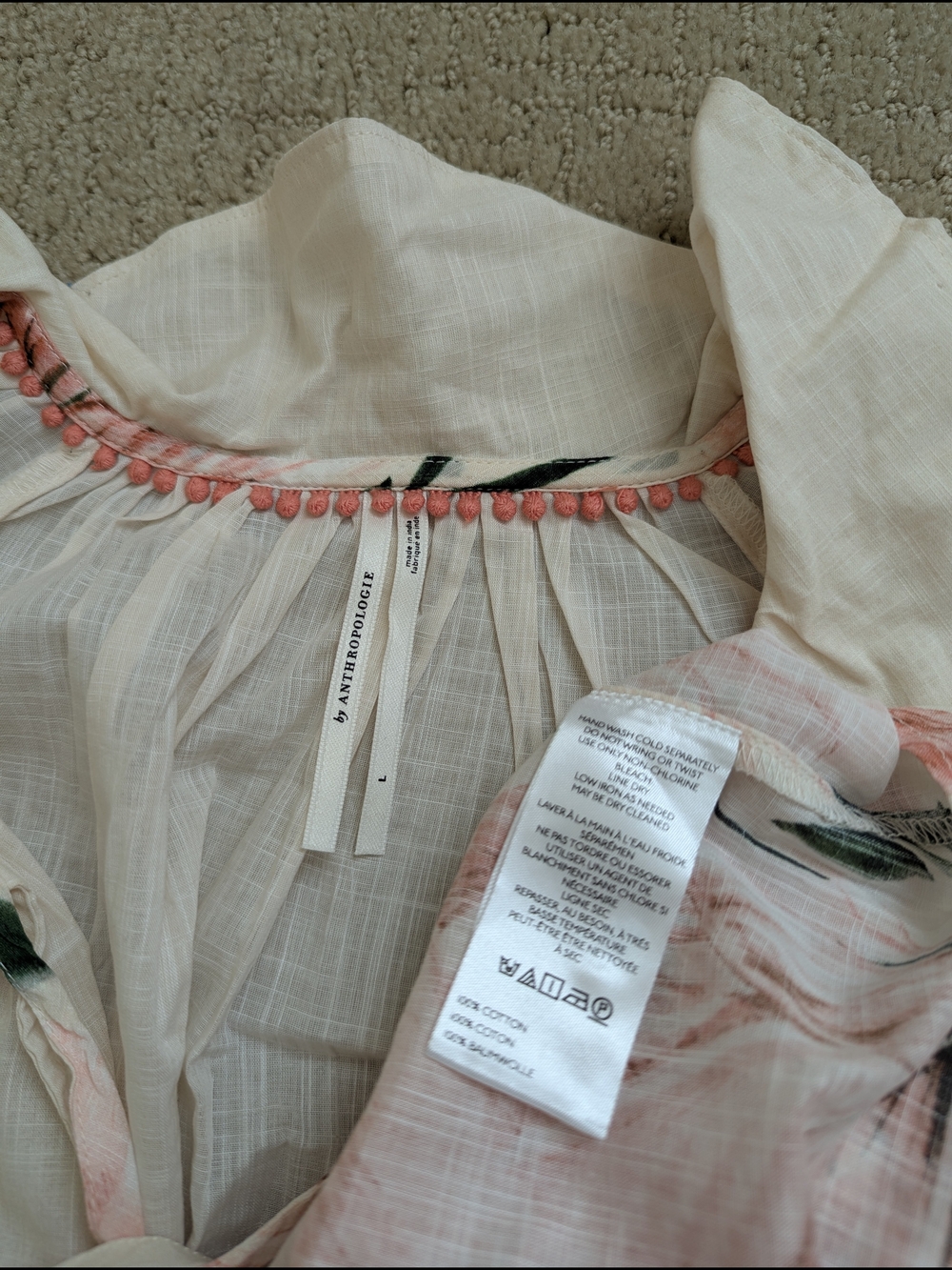 Anthropologie Floral Peasant Blouse L Balloon Sleeve Smocked Cuff Boho Feminine - Picture 6 of 10